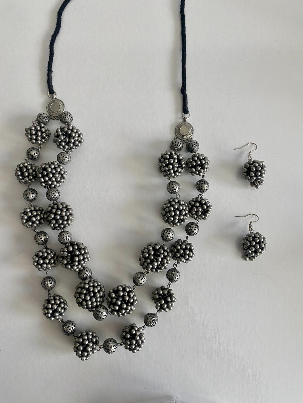 Vastahushan Silver Tone Double Strand Necklace & Earrings Indian Jewley